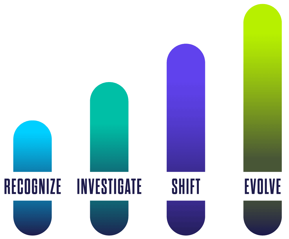 Framework graph with increasing height pill shapes and recognize, investigate, shift, and evolve.
